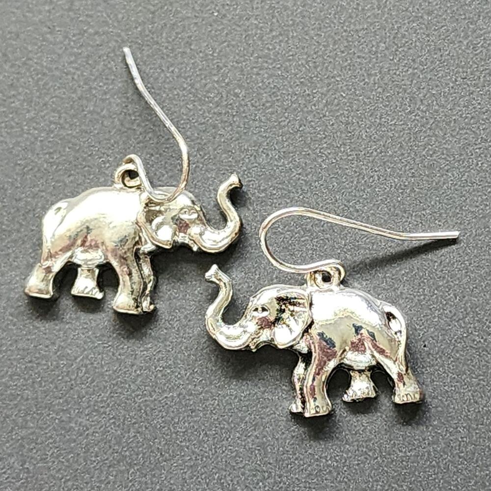 Elephant With Trunks Up Dangle Earrings Good Luck Fortune Strength SilverTone